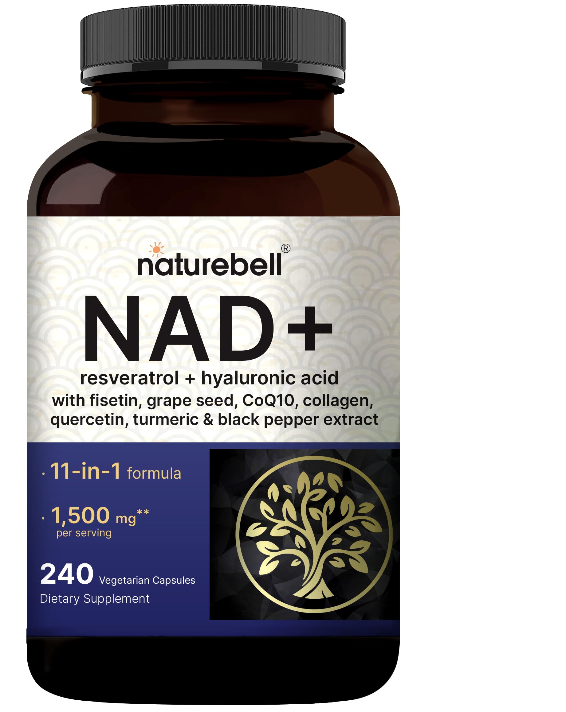 NatureBellNAD+ 1,500mg Per Serving, 240 Veggie Capsules | NMN Supplement Alternative | 10-in-1 Complex with Resveratrol Plus Hyaluronic Acid, Quercetin, Fisetin, Collagen, & More – Non-GMO
