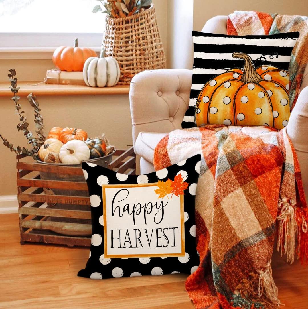 4TH Emotion Fall Decor Pillow Covers 16x16 Set of 4 Polka Dot Pumpkin Farmhouse Decorations Stripe Maple Leaves Happy Harvest Throw Cushion Case for Fall Thanksgiving Home Decorative Pillows S22F19