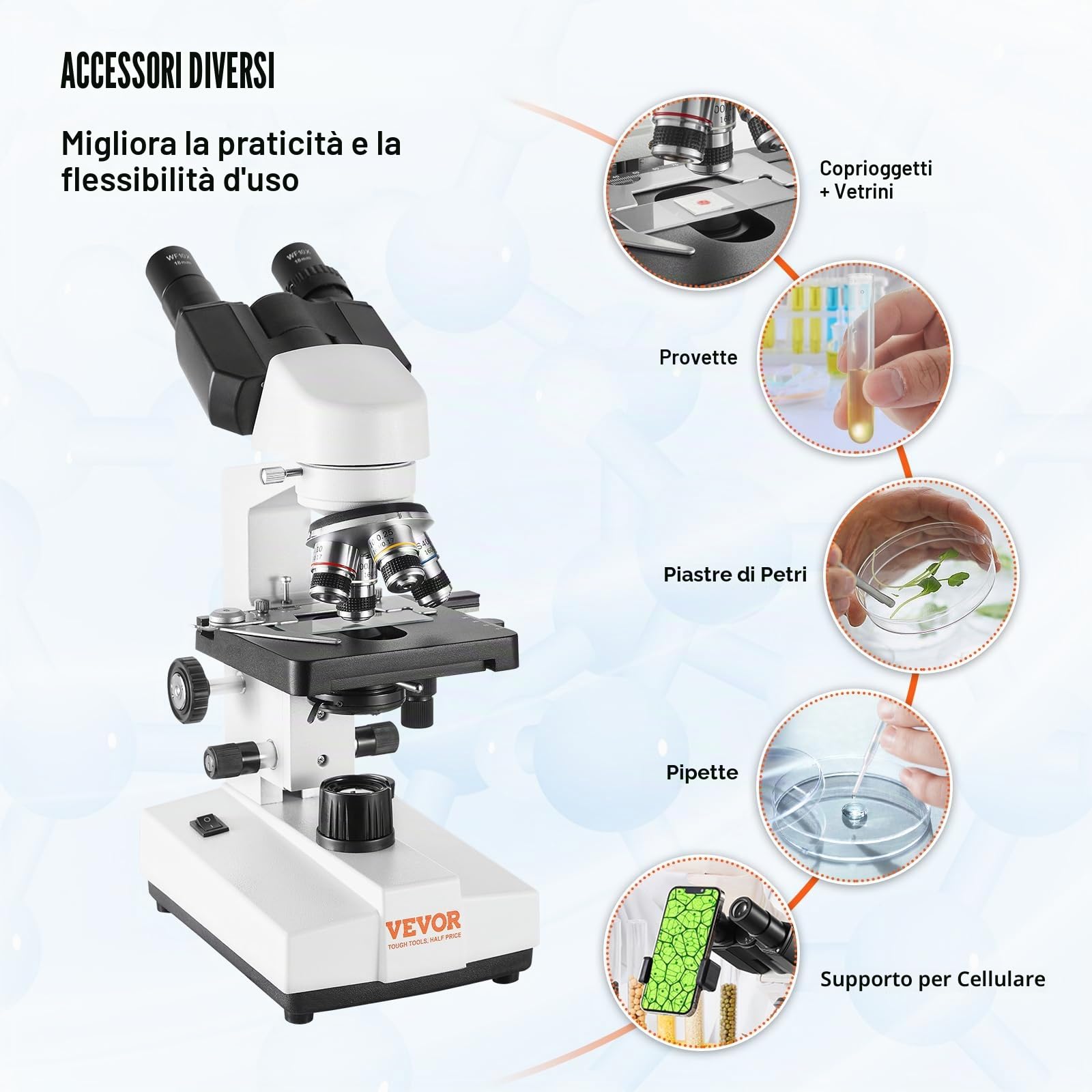 VEVOR Binocular Compound Microscope, 40X-2500X Magnification, Binocular Compound Lab Microscope with LED Illumination, Two-Layer Mechanical Stage, Includes Phone Holder & Microscope Slides