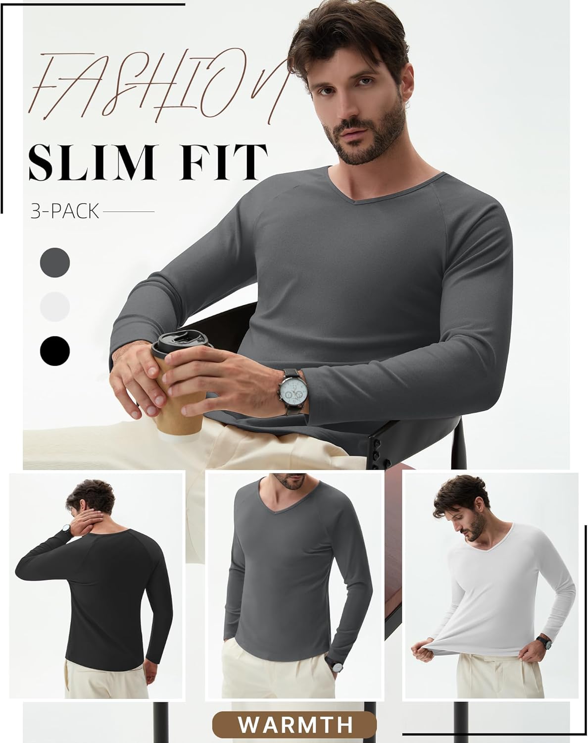 Riyiper 3 Pack Men's Thermal Shirts Long Sleeve Thick T-Shirt V Neck Fleece Undershirts Basic Comfortable Winter Layer Tops - Image 6