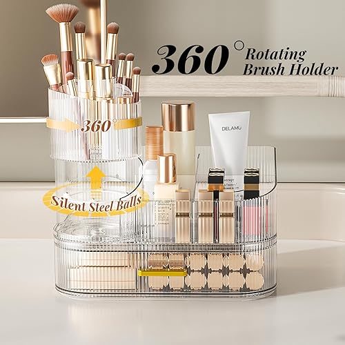 Miniatura 4 de Delamu Organizador de maquillaje para tocador con cajones apilables, soporte giratorio de 360 grados para brochas de maquillaje, estuche grande de