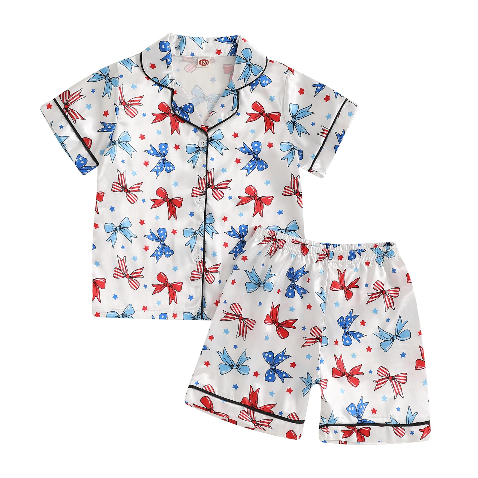fyclemt Toddler Baby Girl Boy 4th of July Silk Pajama Set Feather Trim Short Sleeve Shirts Pajama Shorts Sleepwear Nightgown
