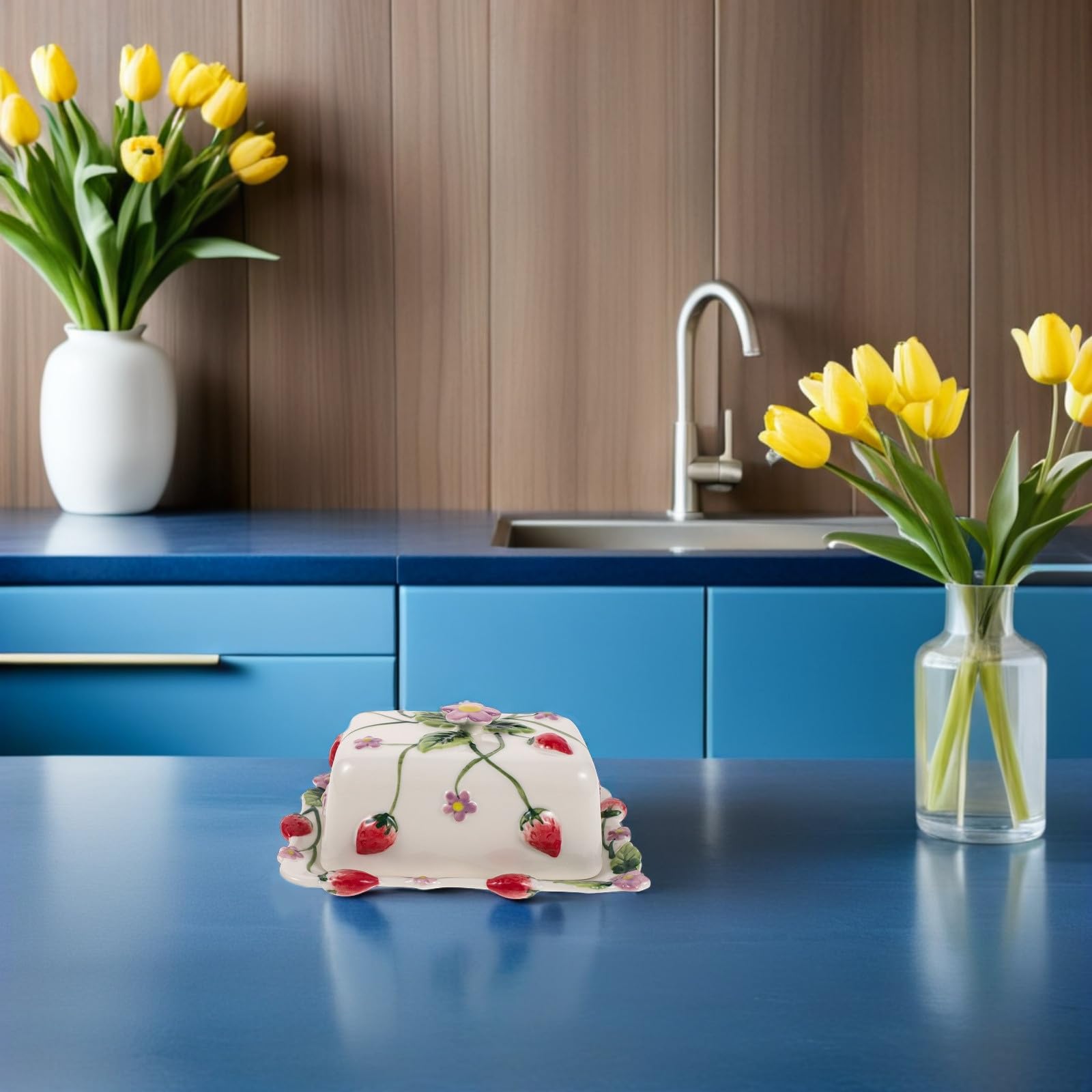 Beurrier Décoratif en Céramique avec Couvercle, Motif Fraise Floral