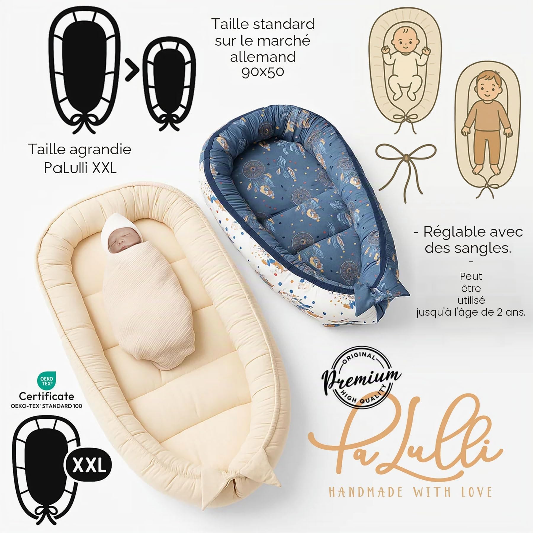 PaLulli Nid de bébé XXL - 120 x 60 cm - Cocon de bébé - Double face - 100 % coton - Pour lit de bébé, lit de voyage pour bébé et nourrisson - Plumes (beige)