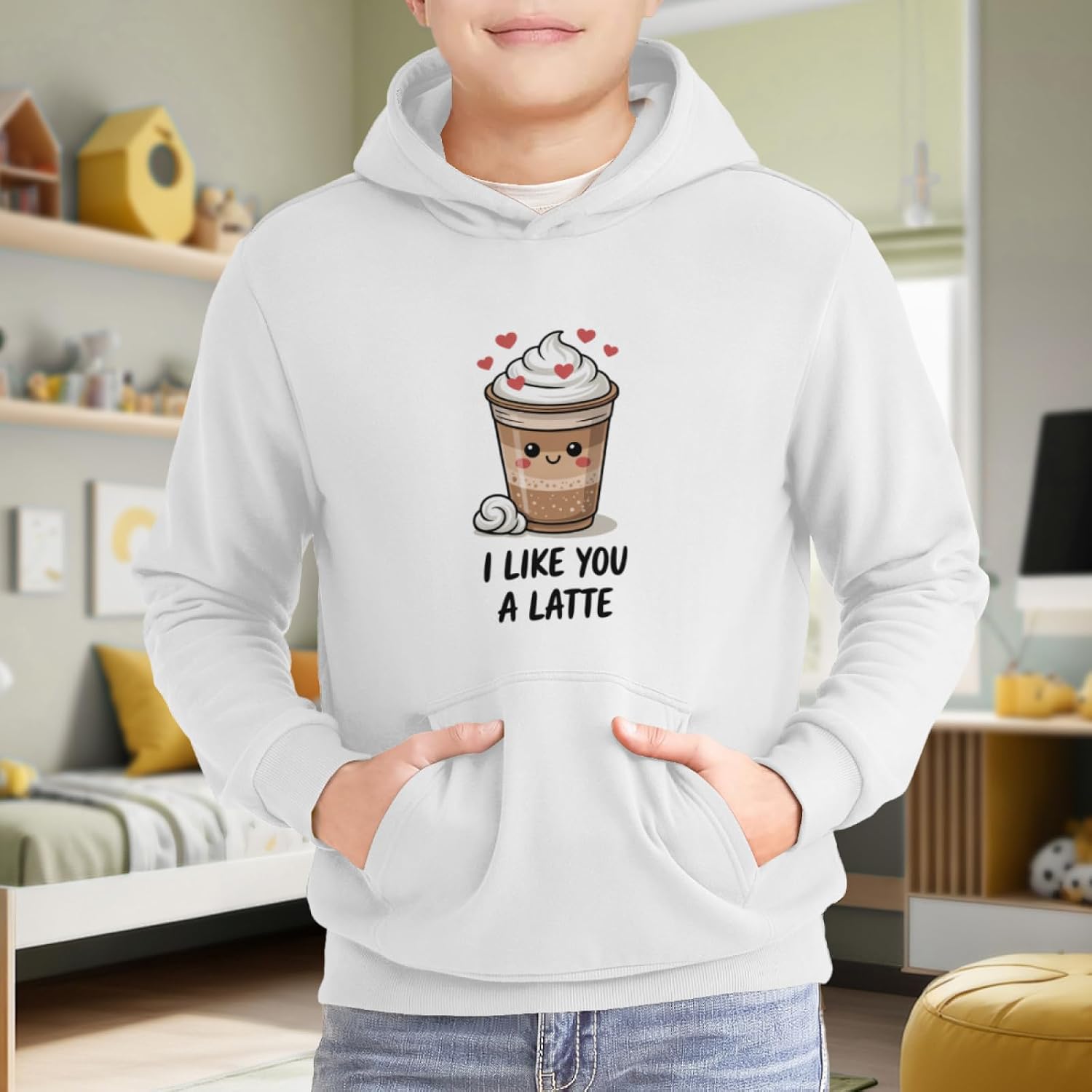 Kids I Like You A Latte Coffee Pun Boys Girls Lightweight Kangaroo Pocket Hoodies
