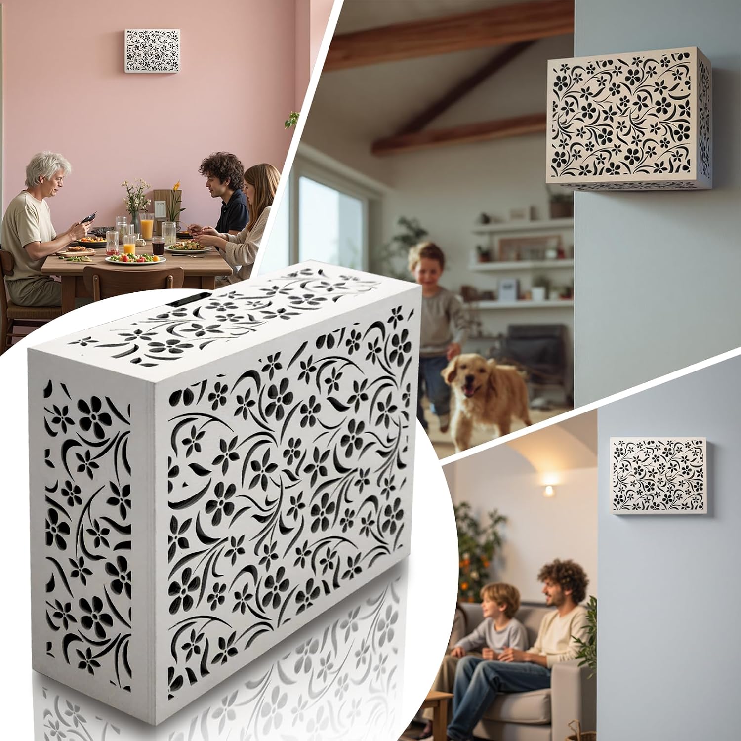 Modern Wooden Doorbell Chime Cover Box – Large Decorative Wall-Mounted Doorbell Cover for Home Decor – Reducing Wood Door Chime Box Only, White – Stylish Upgrade (FLORAL LATTICE DESIGN)