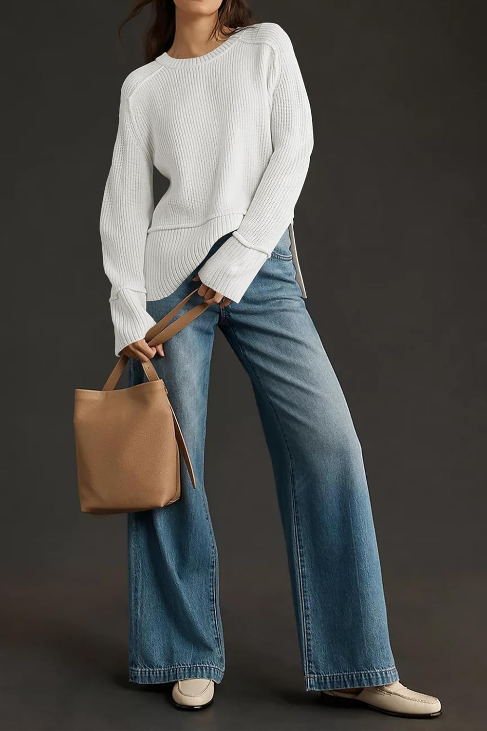 Cakulo Womens Oversized Sweaters Split 2025 Fall Knit Long Sleeve Crew Neck Ribbed Pullover Loose Cozy Soft Sweater - Image 8