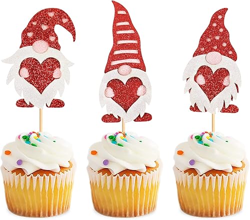 Keaziu Paquete de 24 adornos para cupcakes de Feliz Día de San Valentín, corazón rojo con texto en inglés "I Love You", anillo de corazón para boda,