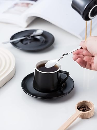 Miniatura 3 de Jusalpha Juego de 6 tazas y platillos de café expreso de 4 onzas con cucharas y portavasos, tazas de capuchino, juego de tazas de té para encimera,