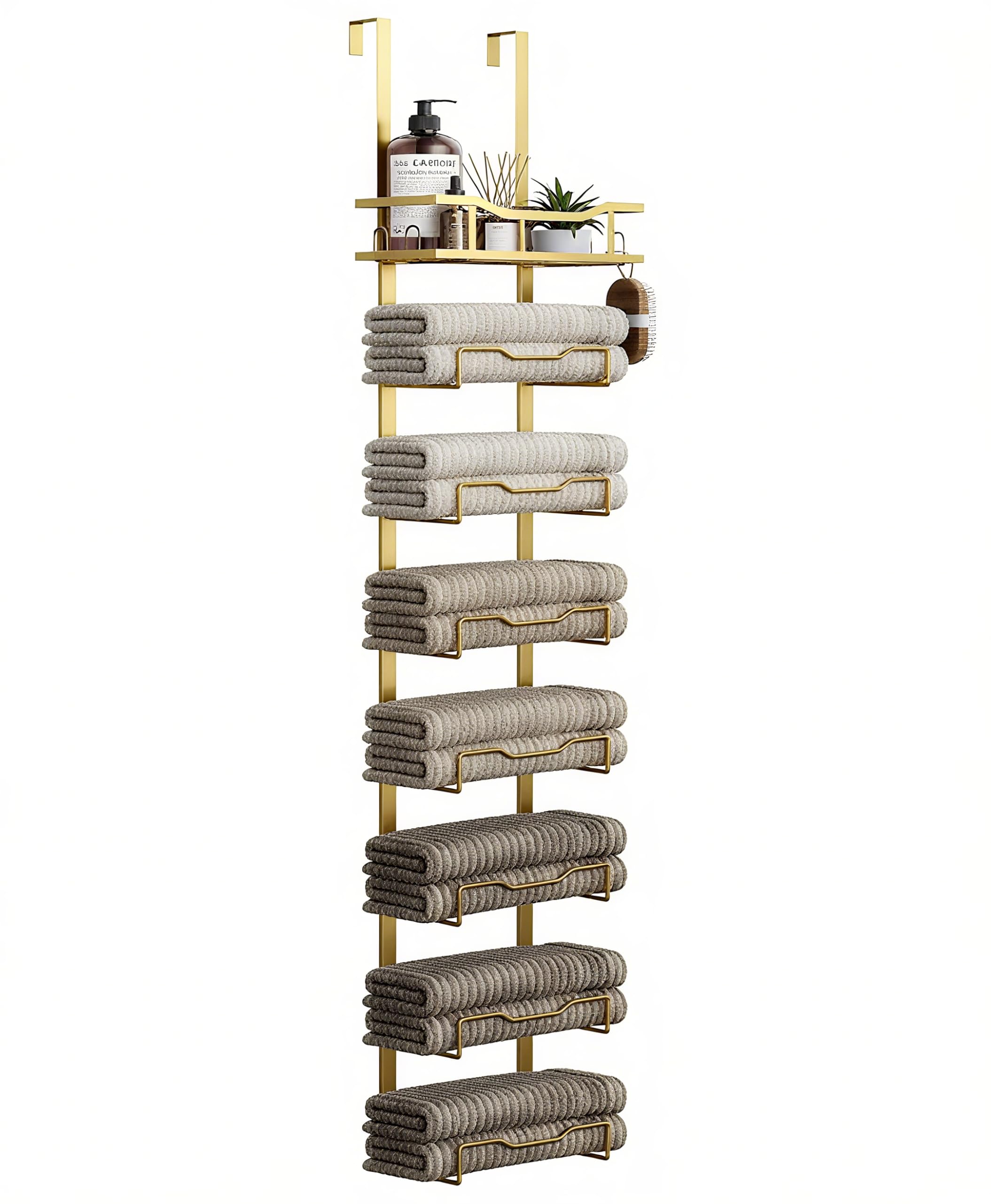 Hanging Towel Racks for Bathroom No Drill - Over The Door 8-Tier Bath Towel Storage Organizer for Small Bathrooms - Back Door Large Tiered Towel Holder Hanger for Rolled Towels RV Camper Gold