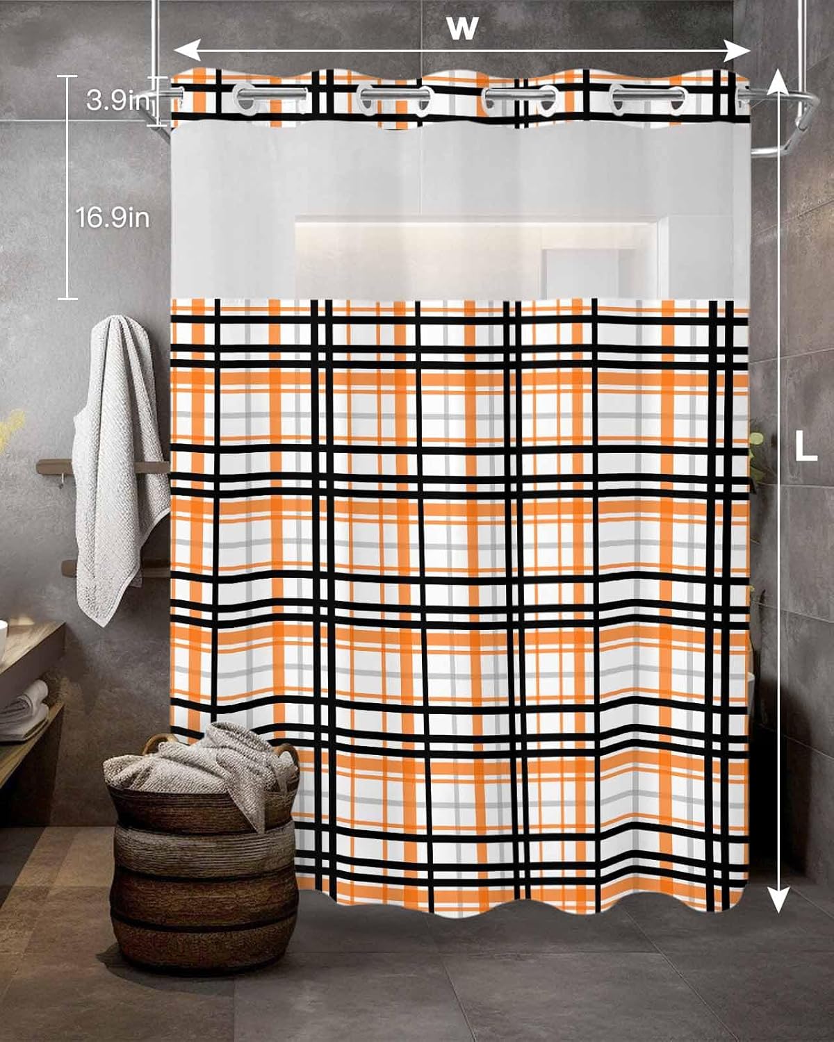 Smile Sunflower No Hooks Shower Curtain Liner Set, Abstract Stripes Orange Black Grey Plaid Waterproof Shower Curtains with Magnets, Top See Through Window Washable Rustic Shower Curtain 72"x96"
