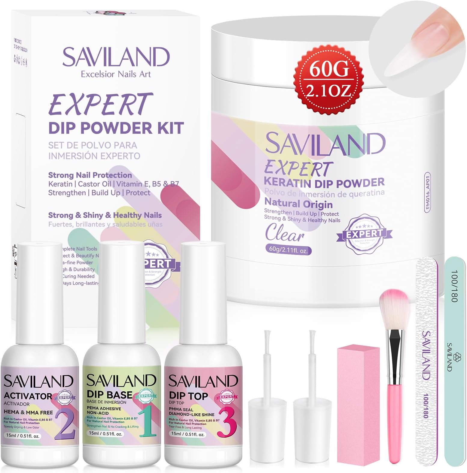 SAVILAND Clear Dip Powder Nail Kit: 60g Starter Set with Base, Activator, Top Coat for Professional French Manicure & Nail Art Repair