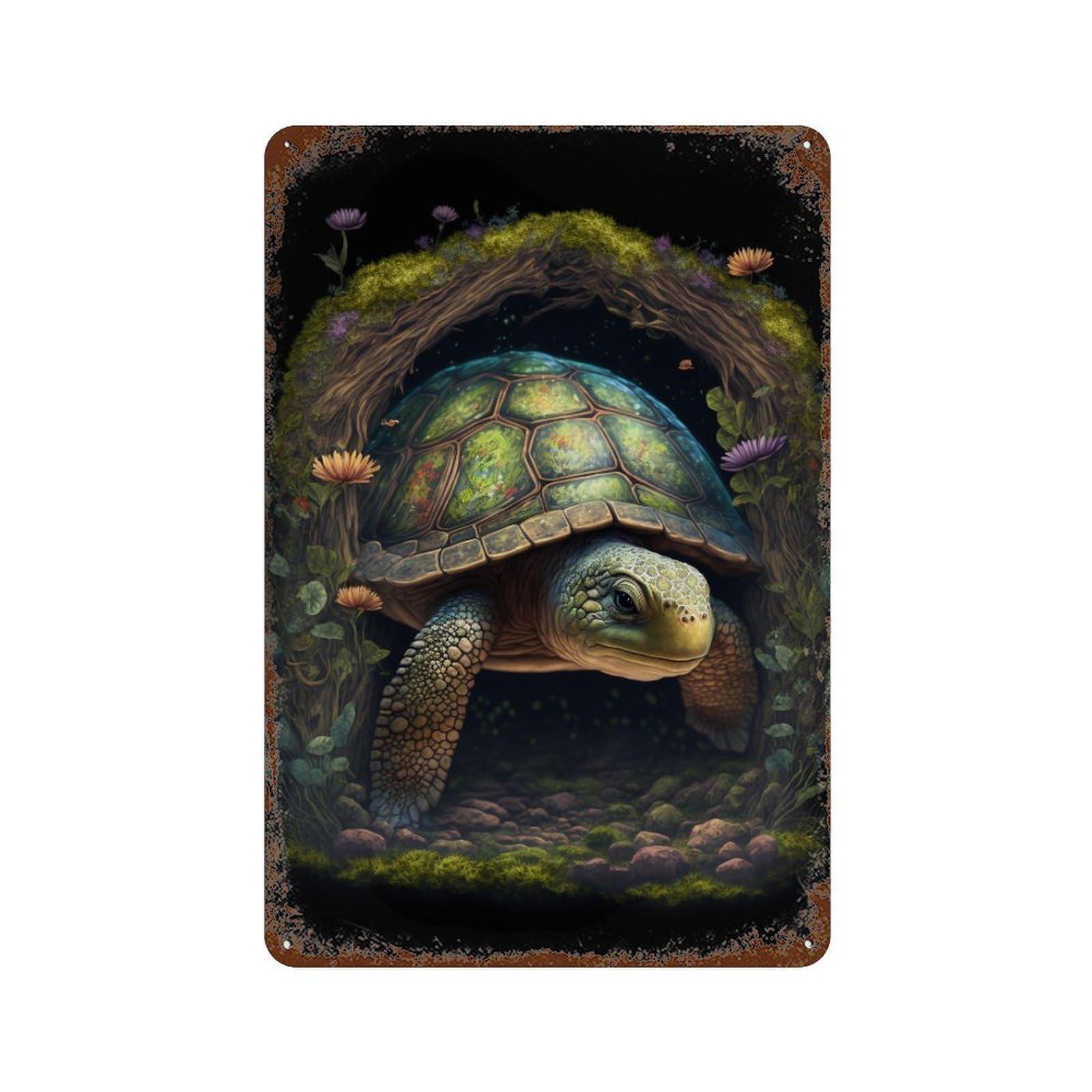 Fantasy Forest Turtle Artwork Aged Metal Wall Plaque 11.8"x7.9", for Office, Studio And Wall Decor, Novelty Wall Decor
