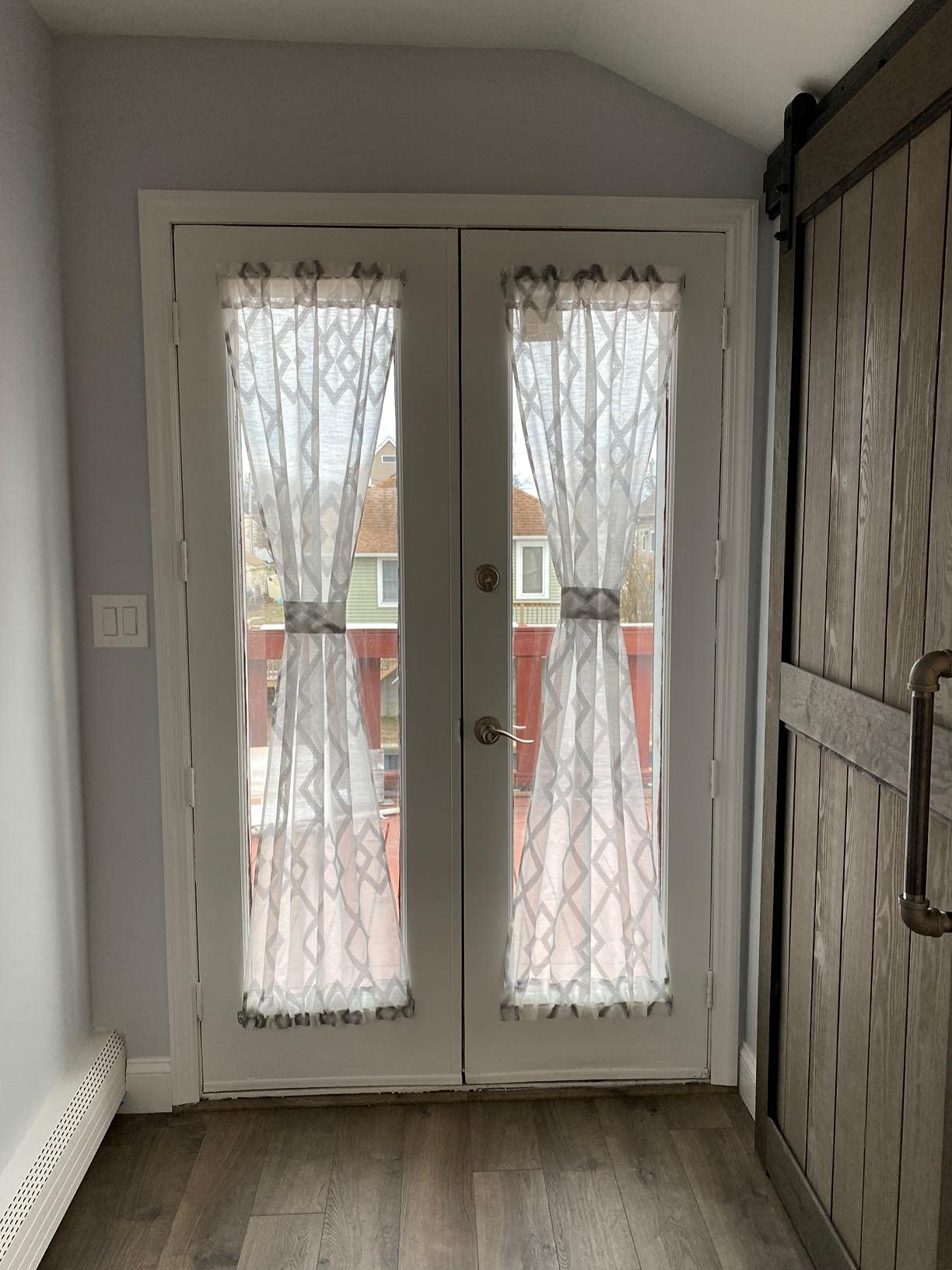 NAPEARL Sheer French Door Curtains-Geometric Patterns Sidelight Window Curtains, Rod Pocket Front Door Window Curtains 72 Inches Long, 1 Panel with Tieback (W25 X L72 in, Dark Grey)