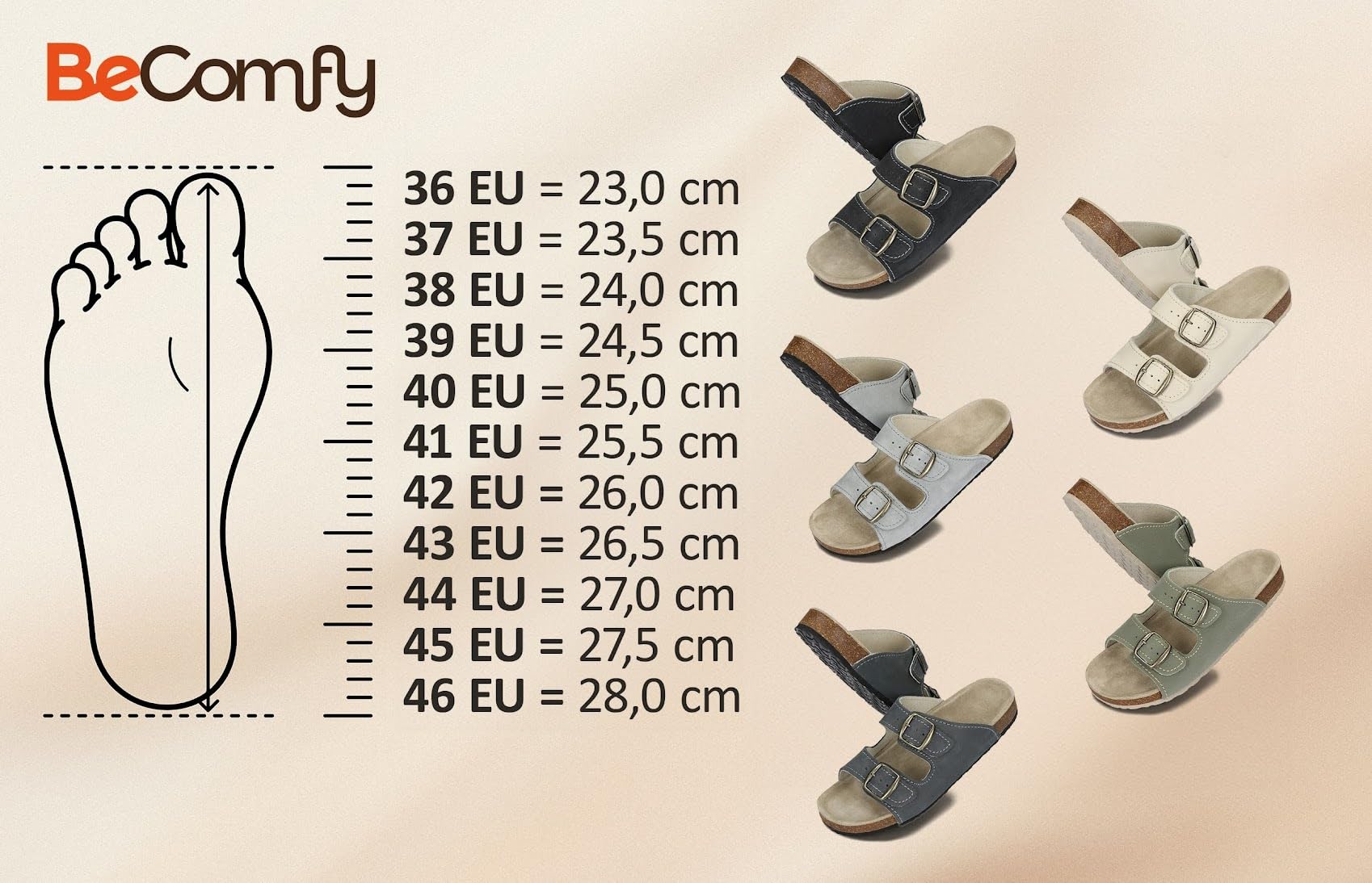 BeComfy Klapki skórzane unisex z profilowaną wkładką korkową – wygodne sandały damskie i męskie z regulacją, 36–46 EU