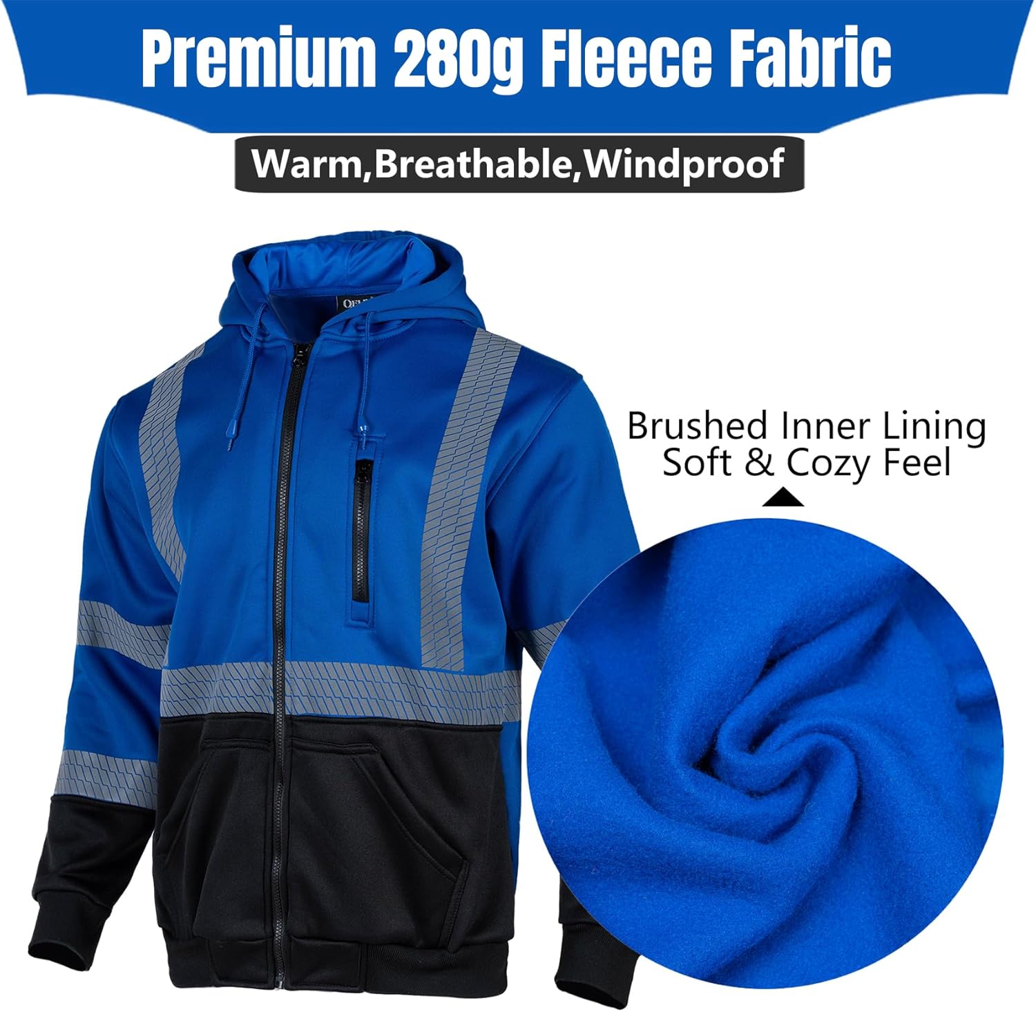 High Visibility Safety Sweatshirt ANSI Class 3 Reflective Work Fleece Hi Vis Hoodies Zipper Jacket - Image 3