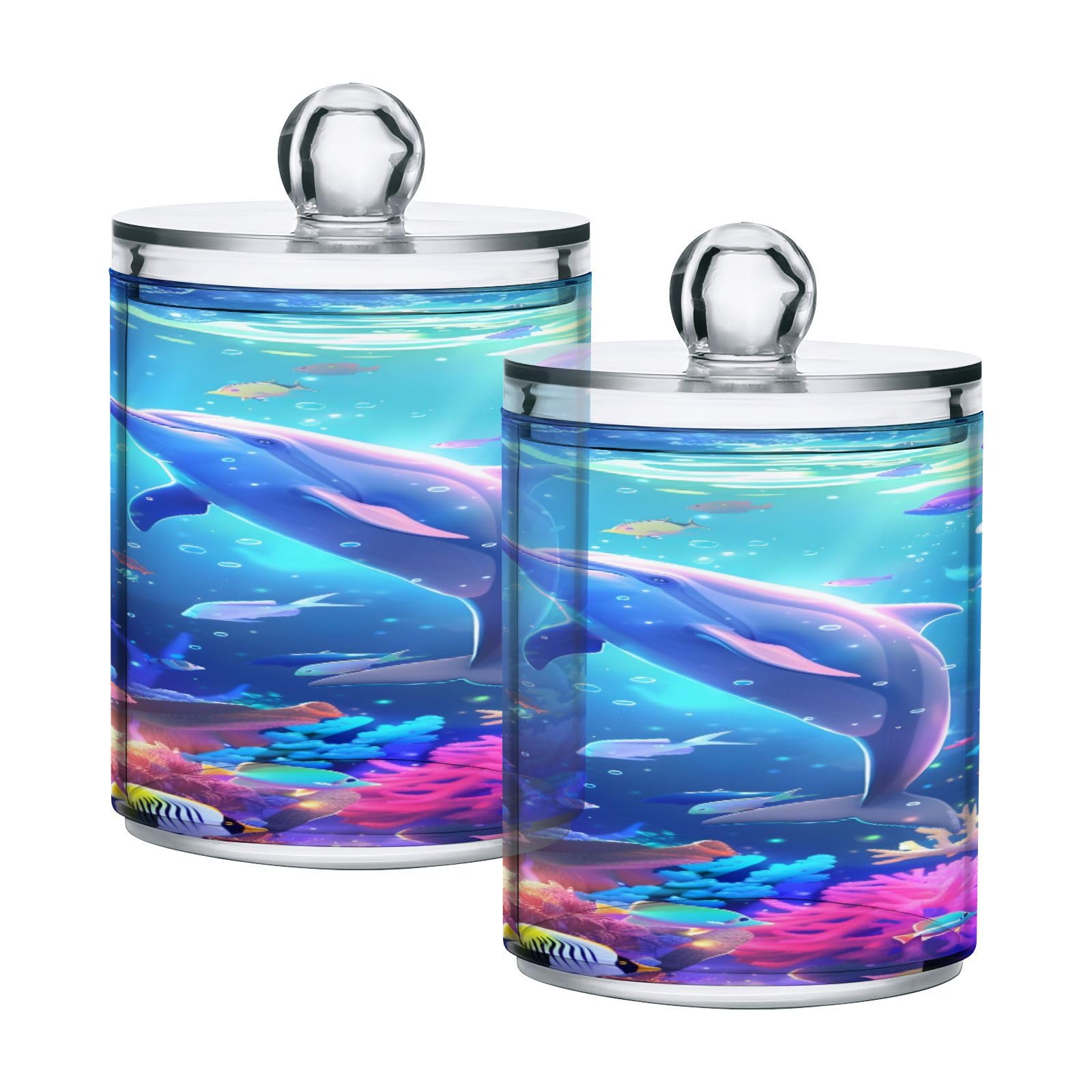 ALAZA 2 Pack Qtip Holder Dolphin Colorful Coral Ocean, Cotton Swab Dispenser with Lid Bathroom Containers Canister Organizer Storage Jar