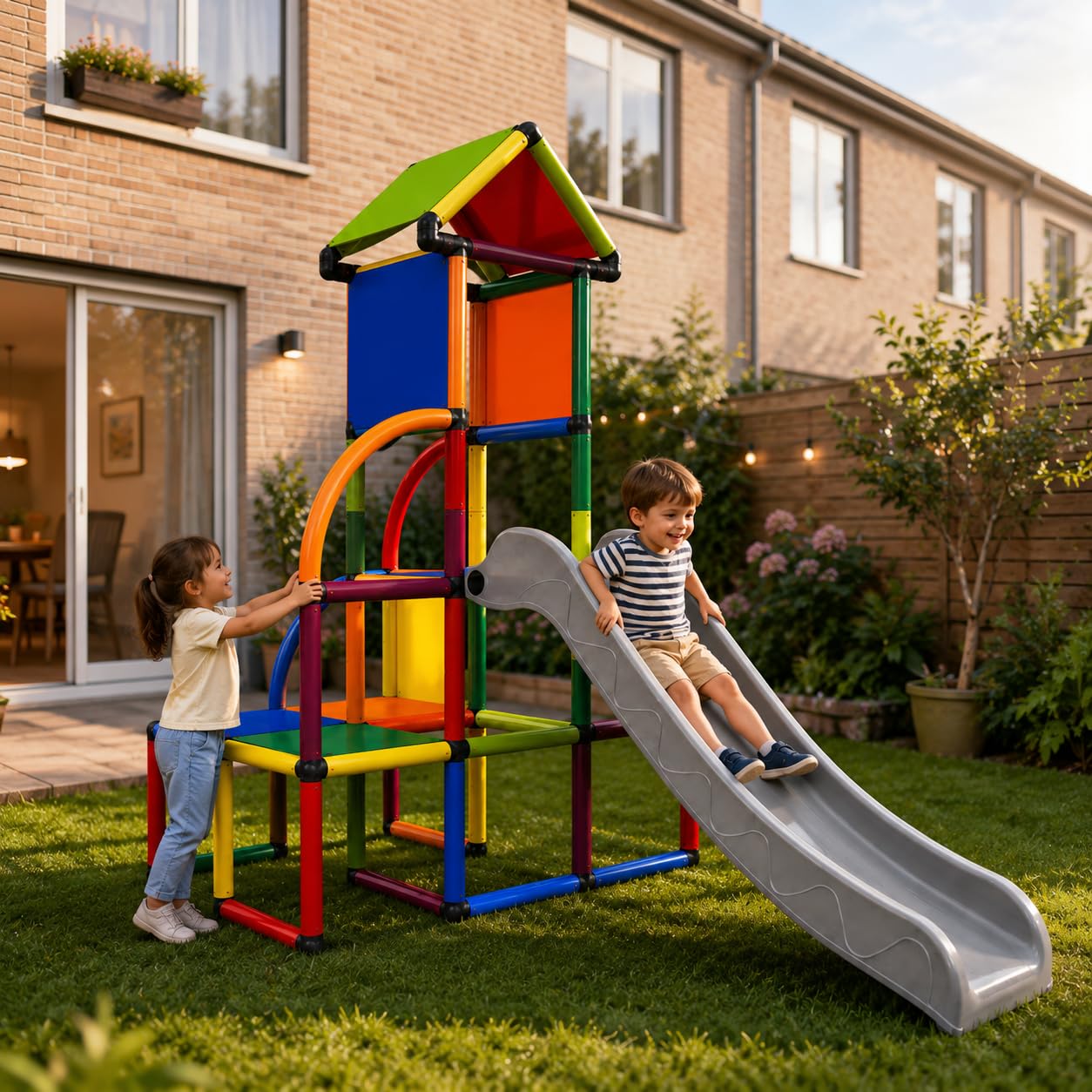 Move and Stic Toni Kletterturm mit Rutsche & Dach, Bunter Spielturm für Kinder, Indoor & Outdoor, Erweiterbares Stecksystem, UV-beständig, TÜV/GS geprüft, EN 71, ca. 225 x 125 x 194 cm