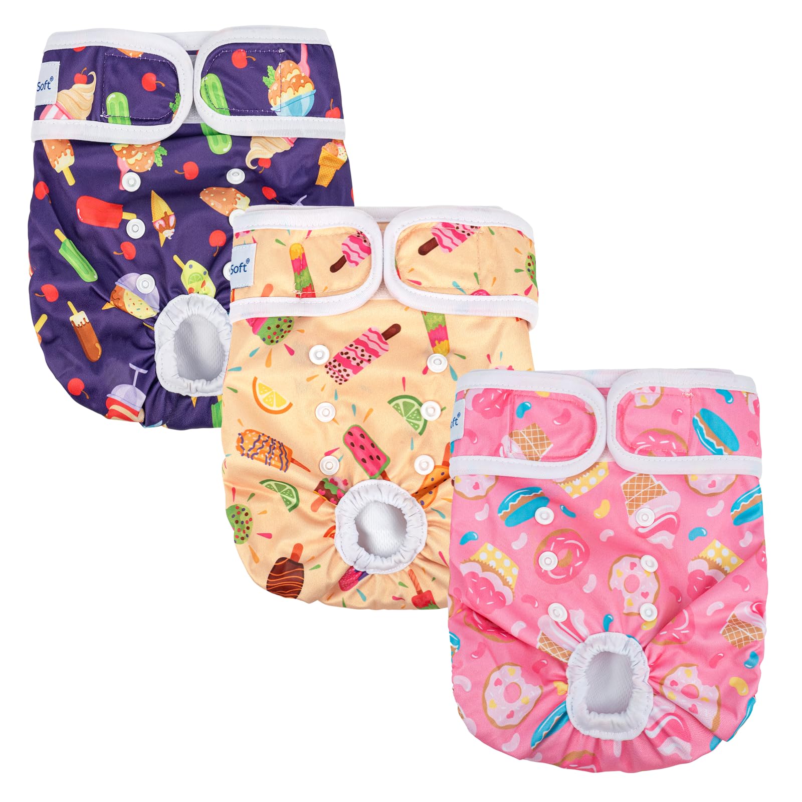 Pet Soft Dog Nappies Female, 3 Pack Reusable Dog Period Pants, Adjustable Pet Diapers for Female Dogs in Season Heat Incontinence (Foodie, S)