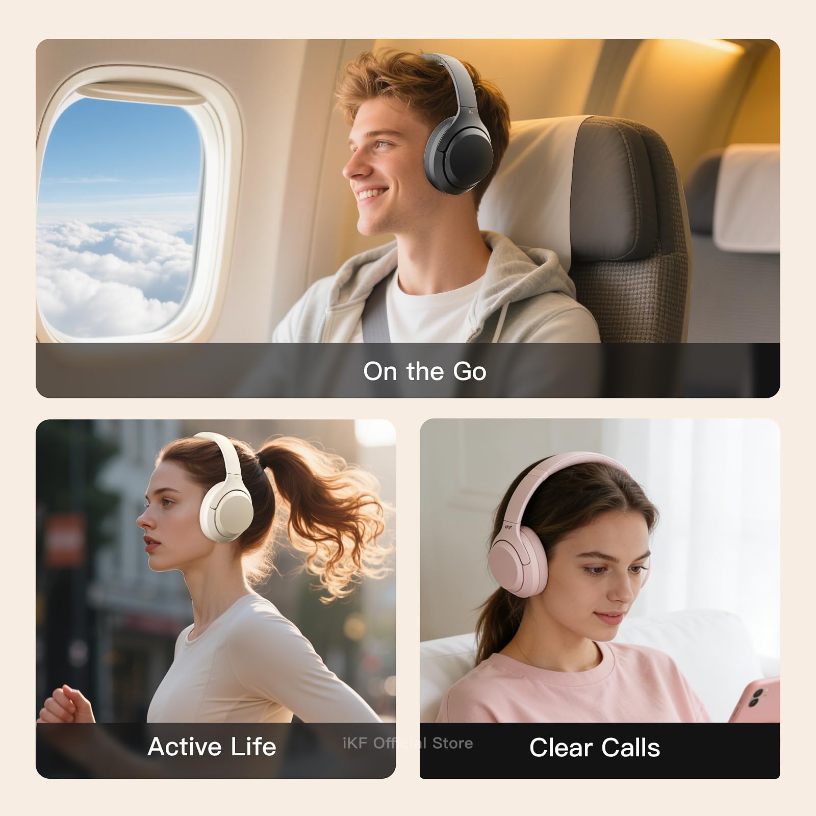 iKF T1 Pro - Cuffie over-ear wireless Bluetooth, riproduzione 100 ore, suono HiFi, connessione multi-dispositivo, design pieghevole, modalità cablata, per viaggio/lavoro/gioco/scuola (bianco sporco)