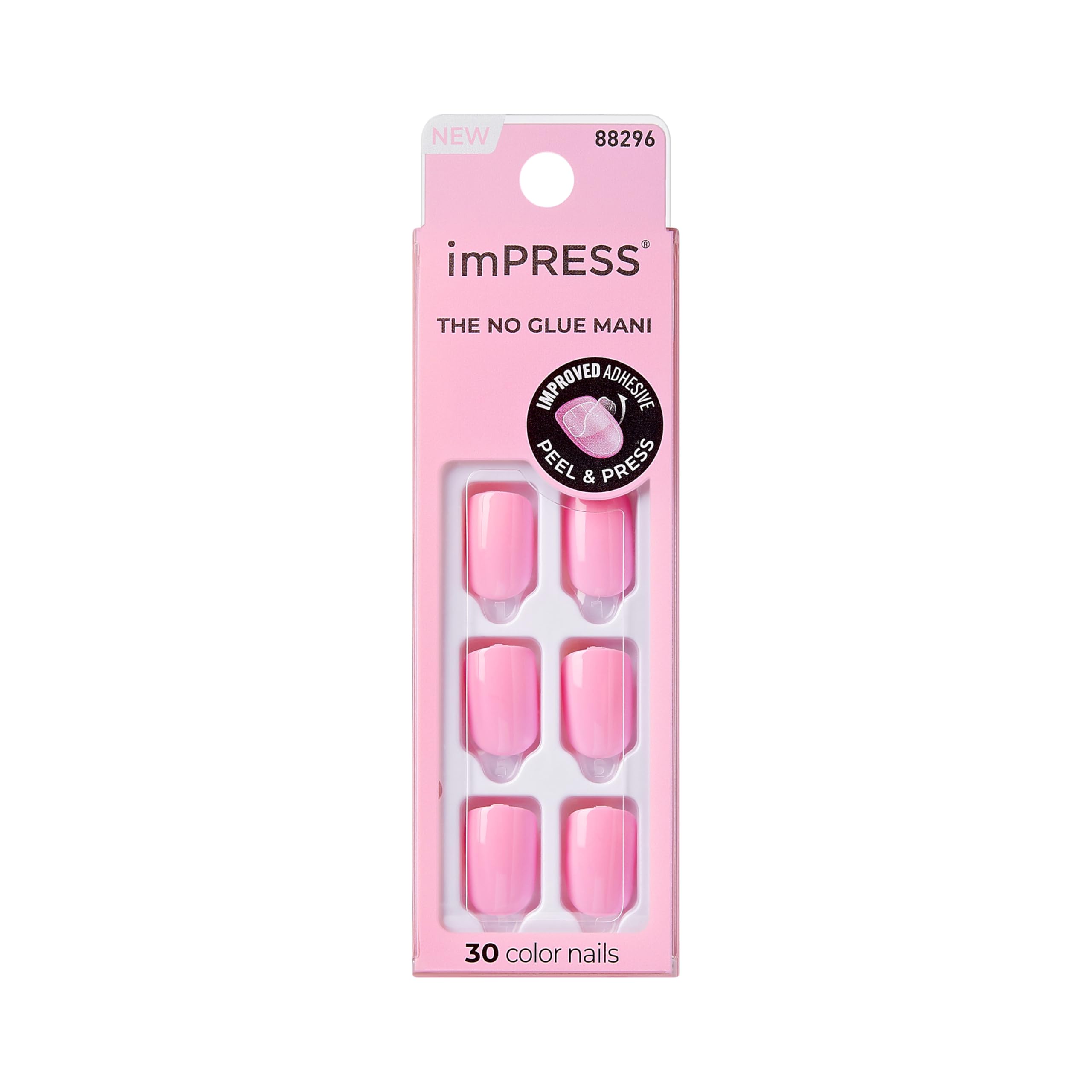 KISS imPRESS No Glue Mani Press On Nails, Color, 'Point Pink', Pink, Short Size, Squoval Shape, Includes 30 Nails, Prep Pad, Instructions Sheet, 1 Manicure Stick, 1 Mini File