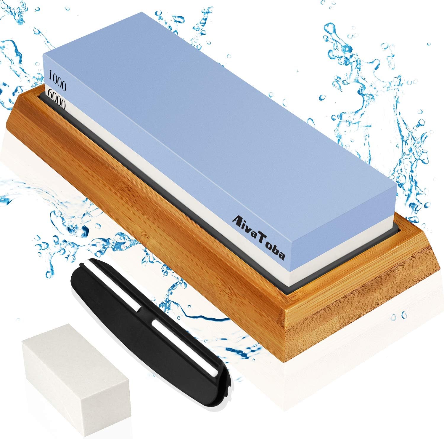 AivaToba Whetstone Knife Sharpening Stone 2 Side Grit 1000/6000 Whetstone Knife Sharpener, Waterstones Sharpening Set Water Stone for Kitchen with Angle Guide, NonSlip Bamboo Base, Flattening Stone - - 