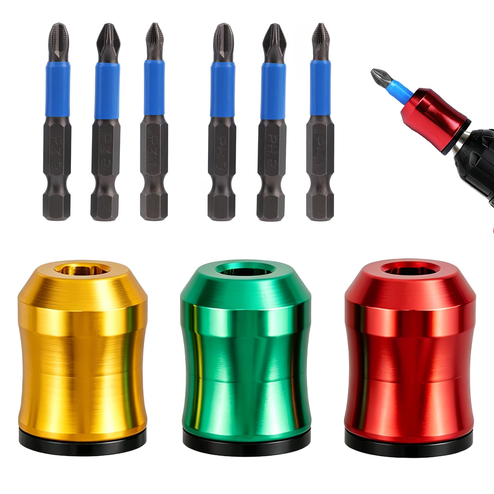 Magnetic Screw Ring Set with Anti-Slip Drill Bits, Gold, Green and Red, 3 Rings and 6 Bits for Hex Screwdrivers Power Drill Tools