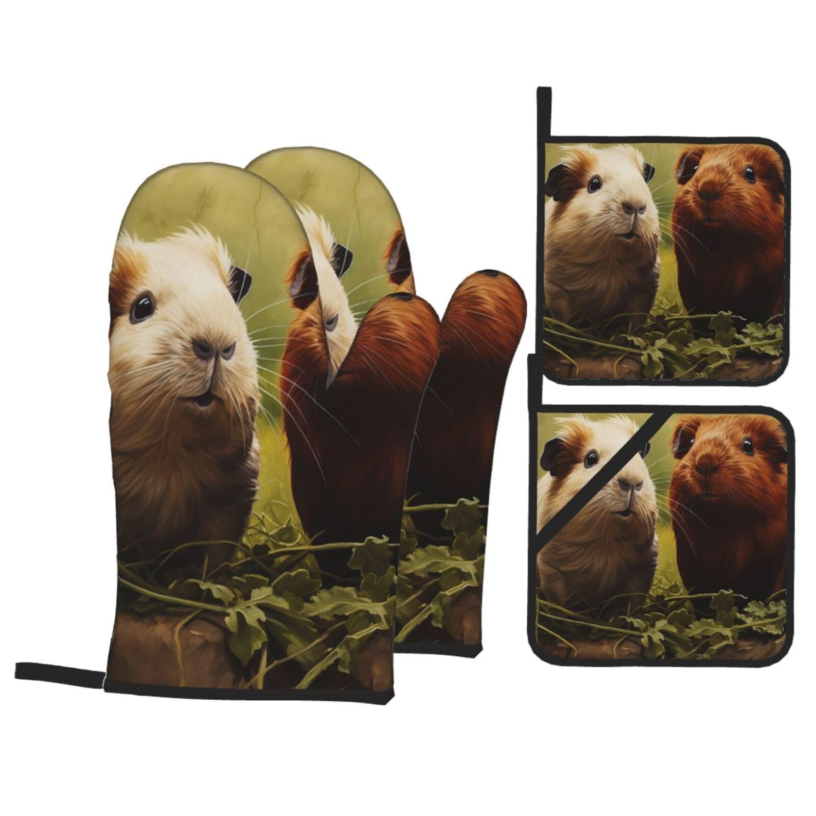 Oven Mitts and Pot Holders Set of 4 Heat Resistant Non-Slip Kitchen Gloves Hot Pads Guinea Pig on the Grass Oven Mitts Kitchen Mittens Gloves Non-Slip Potholders for Cooking Baking Grilling BBQ