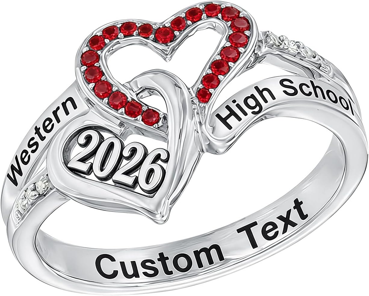 PELOVNY Custom Class Rings for Women S925 Sterling Silver Personalized Birthstone High School College University Name Ring Graduation Jewelry Gifts