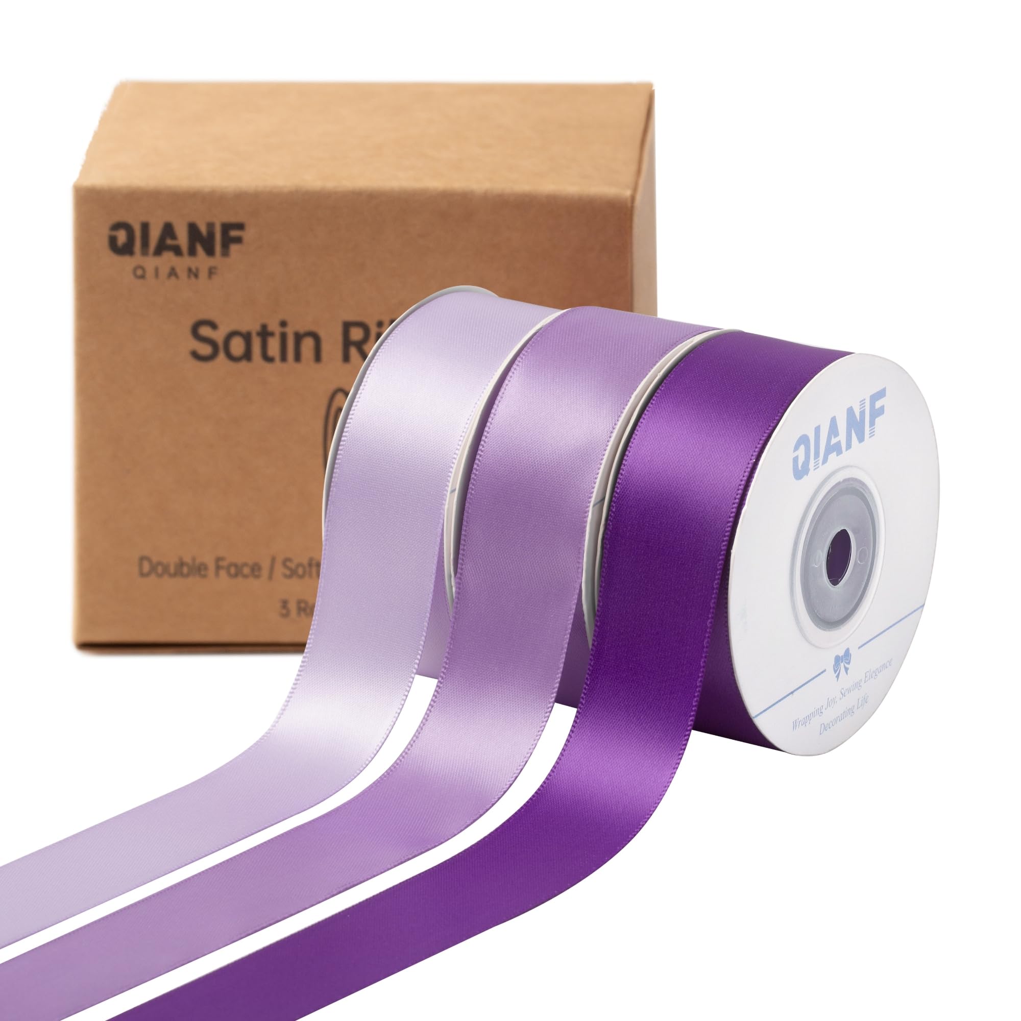 Photo 1 of QIANF Purple Double Face Satin Ribbon 1 Inch x 45 Yards Lavender Fabric Ribbon for Gift Wrapping, Flower Bouquets, Hair Bows Making, Wedding Decoration, Invitation Cards, Christmas (3 Rolls *15Yd)