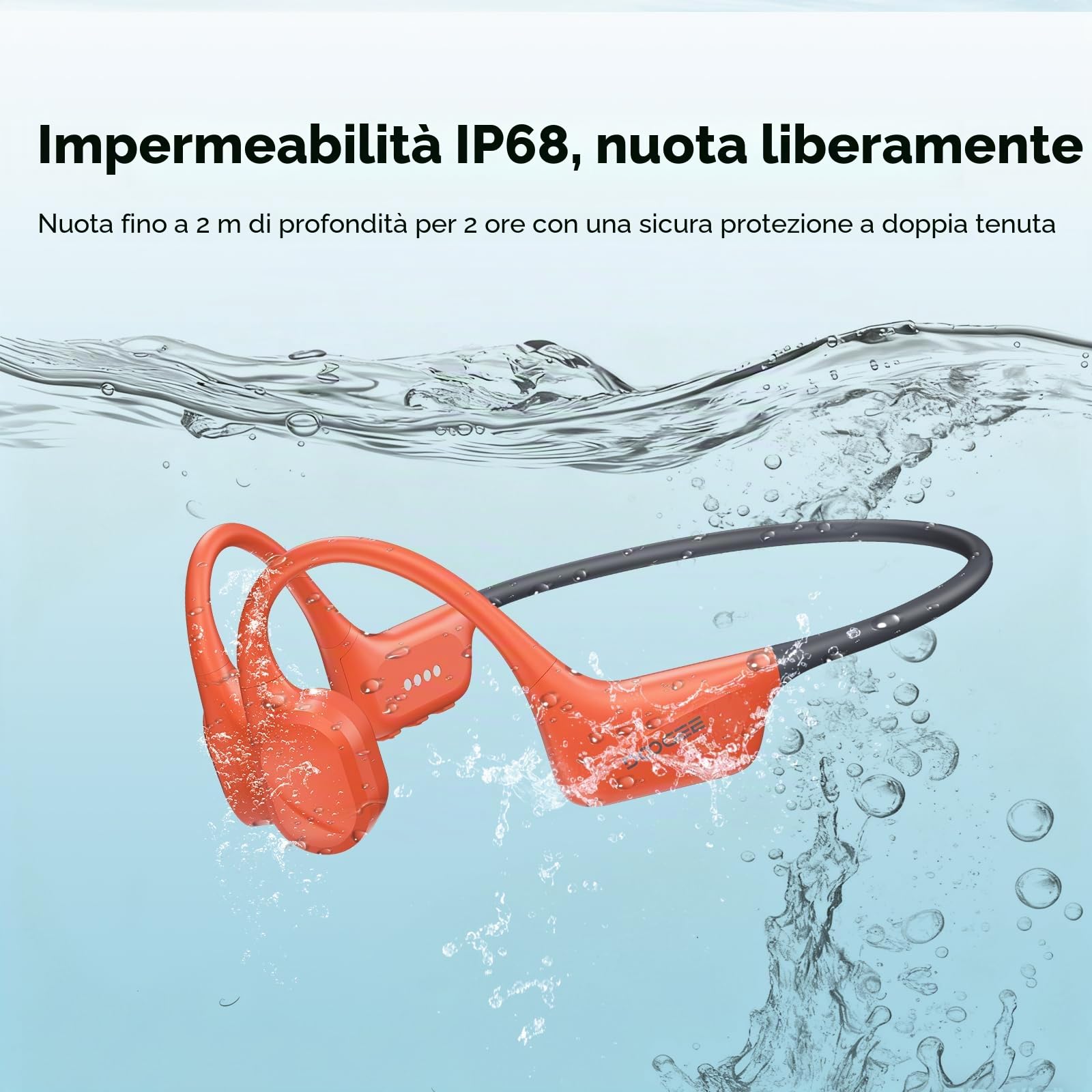 Cuffie Conduzione Ossea IP68 Impermeabili per Nuoto, Auricolari Sportive Bluetooth 5.4, MP3, 32GB, Comodo Silicone, Open-Ear per Corsa, Ciclismo, Palestra，rosso