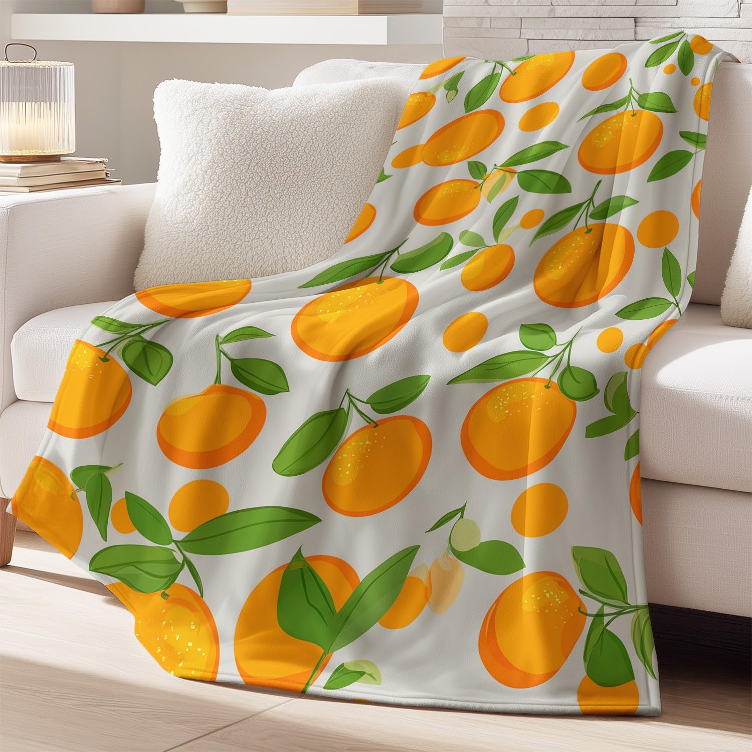 Fresh Fruit Flanelowy koc, uroczy, pomarańczowy, miękki, na łóżko, sofę, kanapę, puszysty koc z mikrofibry, dla dzieci i dorosłych, 150 x 180 cm, pomarańczowy
