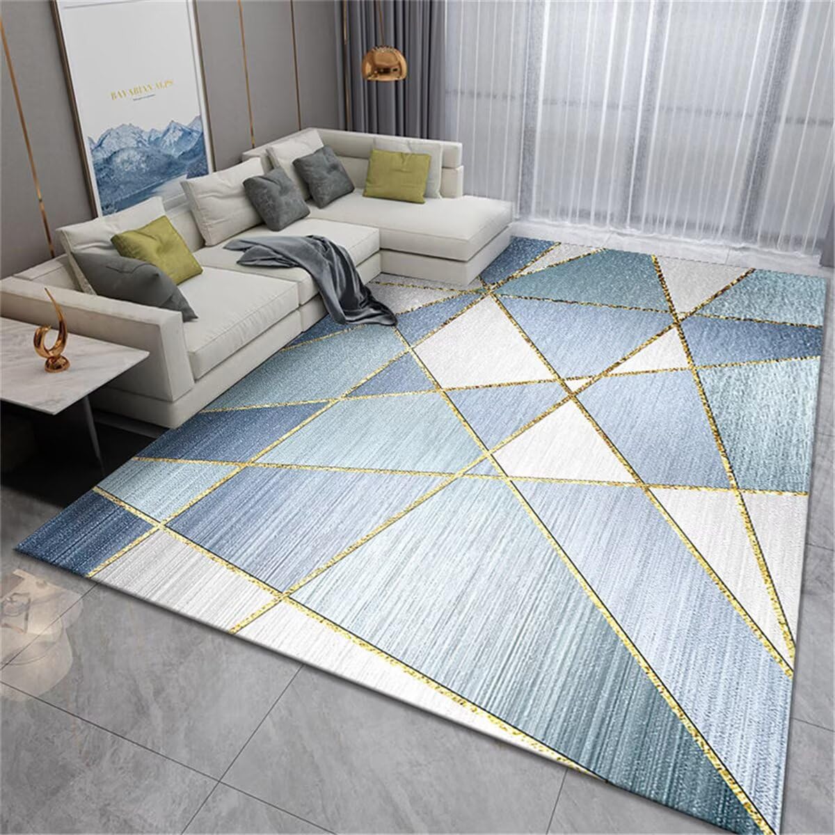 Tapis bleu 160x230cm antidérapant au design géométrique moderne pour salons élégants