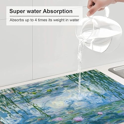 Miniatura 5 de Tapete de secado de platos para encimera de cocina, 18 x 24 pulgadas, lirios de agua, Claude Monet, pinturas al óleo, platos de flores, alfombrillas