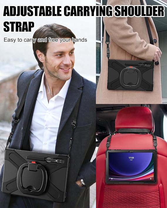 BRAECN Case for Samsung Galaxy Tab S10 Ultra/ S9 Ultra/ S8 Ultra - Black | 14.6 Inch, 2024/2023/2022 SM-X920/X910/X900, Heavy Duty Silicone Cover, S Pen Holder, Handle Strip, Kickstand, Shoulder Strap