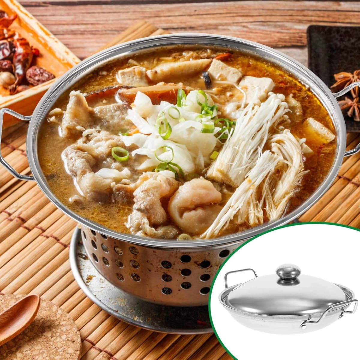 Amazon | 【Loryikarfur】蓋付き中華鍋 22cm ステンレス鋼 二重