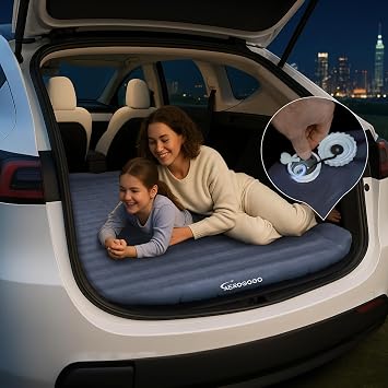 Aerogogo Self-Inflating Camping Mattress for Model Y, Auto in/Deflate | With 5.5" Thickness, for Tesla Model Y 20202024, Built-in Pillow, Backpack Size, Adjustable Firmness, IP68