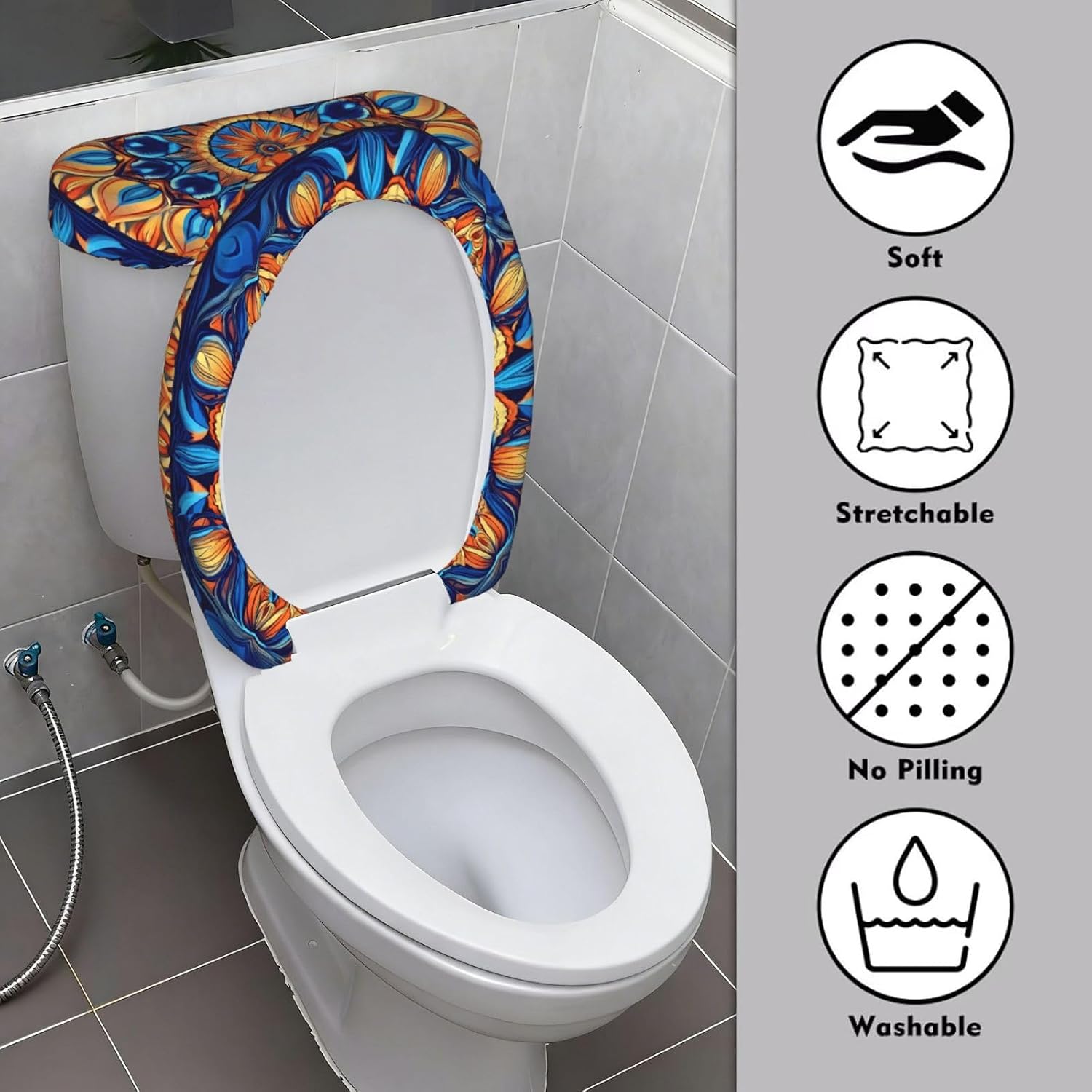 Toilet Lid and Tank Covers Set of 2, Boho Ethnic Colorful Mandala Flower Washable Reusable Stretch Toilet Lid Cover for Bathroom Office Home Decor image 3