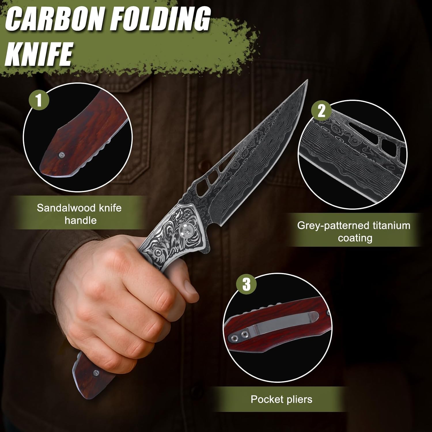 Damascus Folding Pocket Knife - VG10 Steel Blade, Rosewood Handle, 3.35" Lockback EDC Knife for Outdoor, Camping & Survival