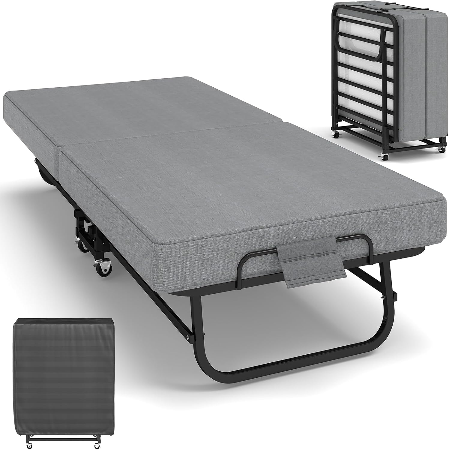 Folding Bed with Mattress,Rollaway Bed for Adults,75" x 31" Cot Size with Memory Foam,Metal Bed Frame on Wheels for Guest, Space Saving Roll Away Beds for Easy Storage