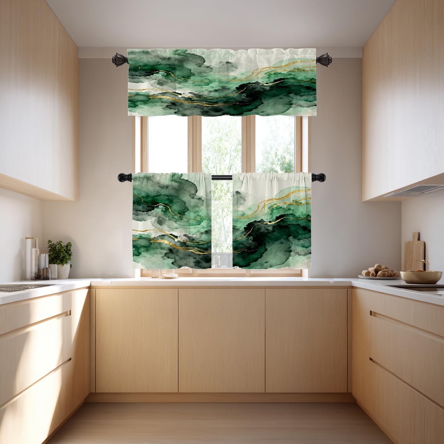 Green Golden Texture Kitchen Valances for Windows,Green Paints Golden Shiny Veins Marble Blackout Valances Curtains Multilayer Polyester Drapes for Kitchen Bedroom 1 Pack 52X18 Inches