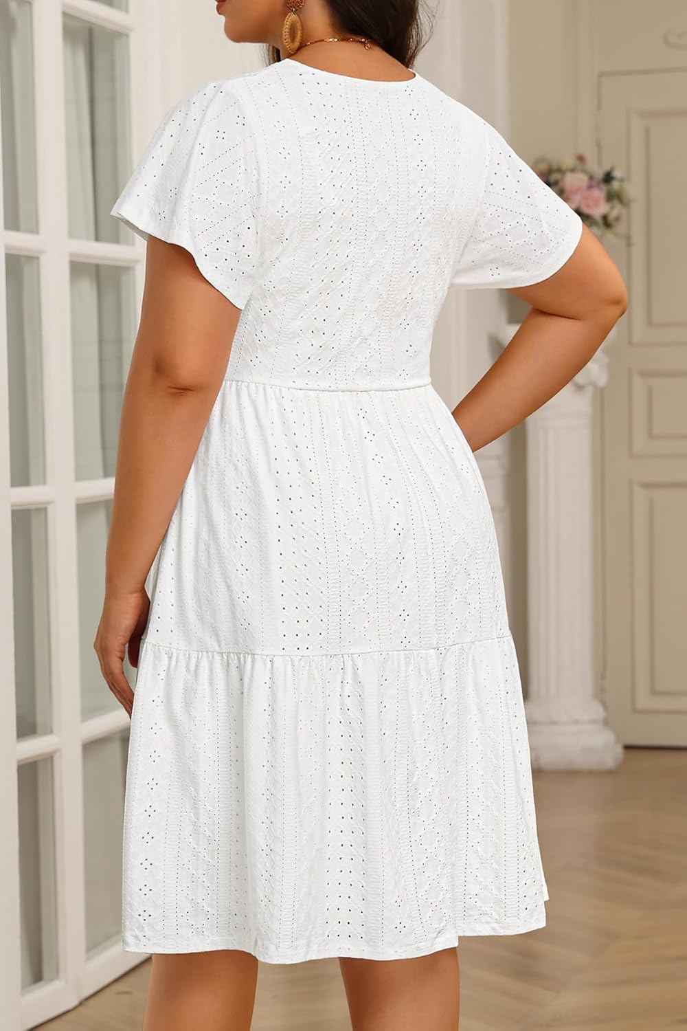 Plus Size Summer Dress - Casual Boho Sundress Eyelet Lace V Neck Short Sleeve Tiered A-Line Midi Flowy Sun Dresses Women - Image 5