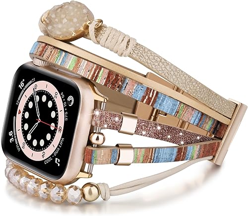 Vista 30 de VISOOM Beaded Boho Bracelet Compatible for Apple Watch Band 40mm/38mm/41mm/42mm iWatch Series 10 9 8 7 SE 6/5/4 Women Leather Fashion Cute Handmade