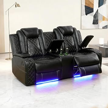 Leather Recliner Sofa Set with LED Lights, Power Reclining Sofa with Storage pace/USB Port/Cup Holder for Living Room/House/Home Theater, Black Loveseat