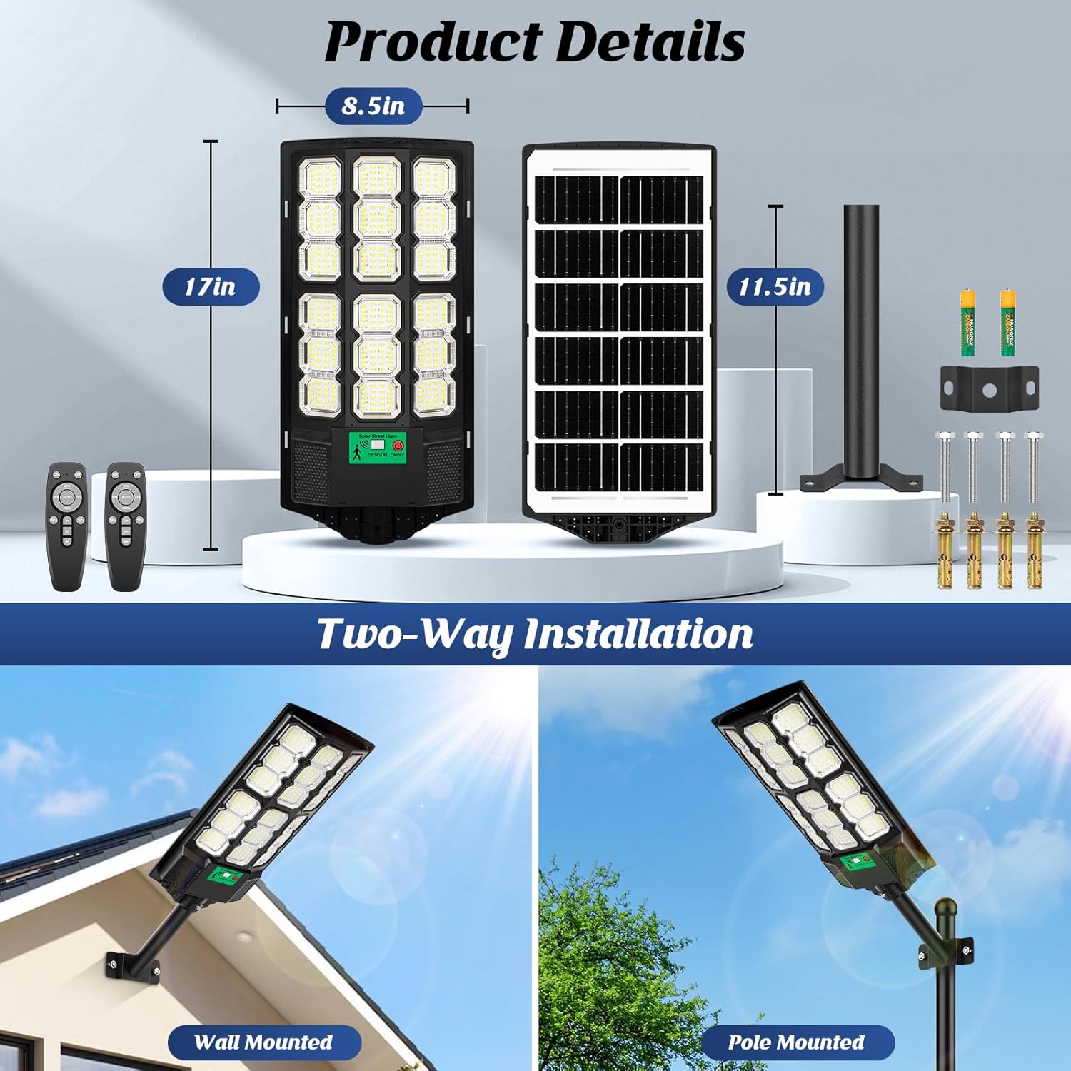 17" Solar Street Lights Outdoor Waterproof, 36000LM 6500K Dusk to Dawn Solar Flood Light, Motion Sensor Solar-Powered Light with Remote Control, Commercial Area Lighting for Outside Parking Lot 2-Pack