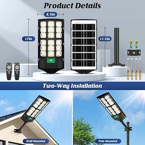 Miniatura 6 de 17" Solar Street Lights Outdoor Waterproof, 36000LM 6500K Dusk to Dawn Solar Flood Light, Motion Sensor Solar-Powered Light with Remote Control,