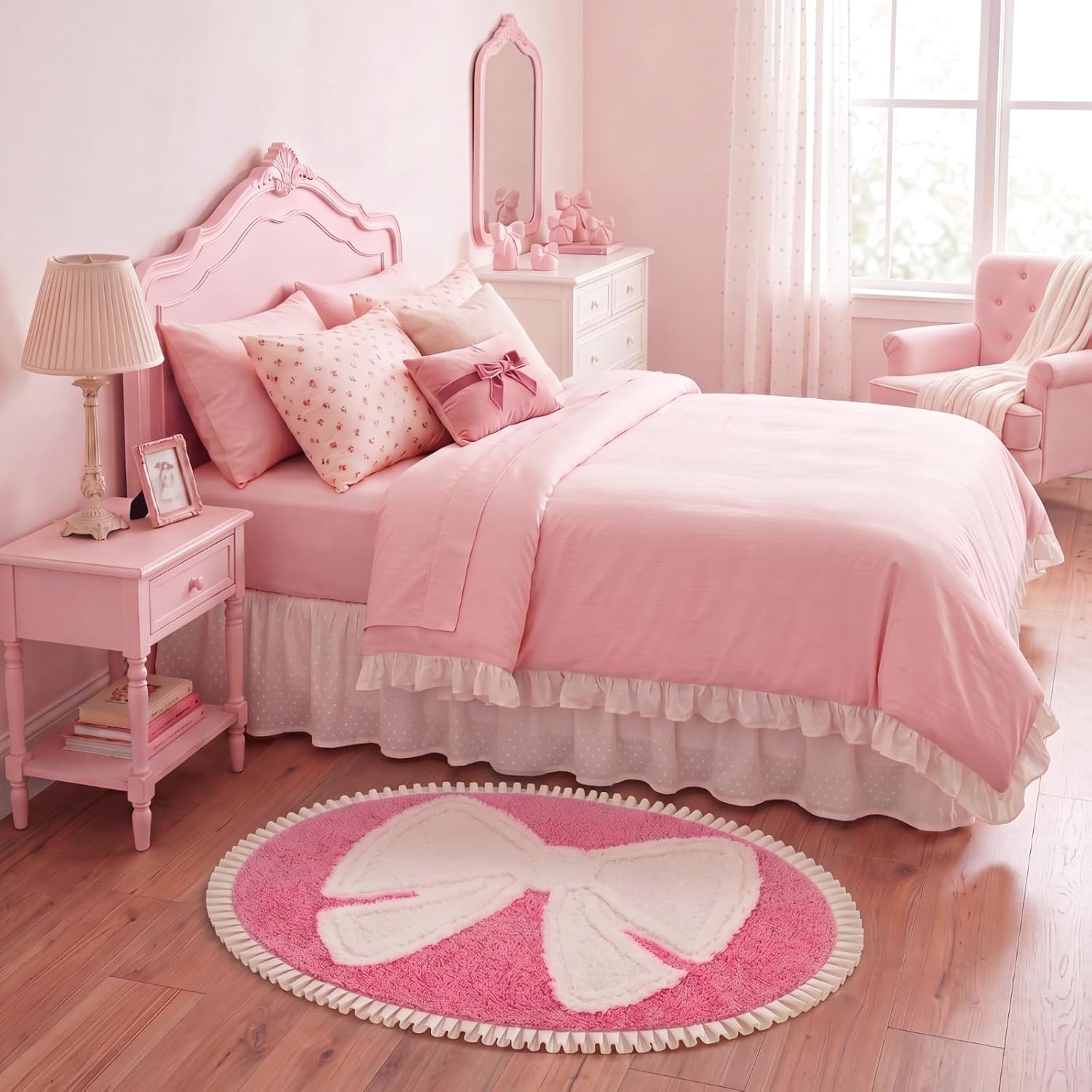Tinideya Pink Bow Bathroom Rug, 27.6×19.7 inches Cute Bowknot Tufted Bath Mat with Ruffle Edge, Soft Absorbent Non-Slip Plush Shower Rug for Bathroom Bedroom, Coquette Preppy Room Decor