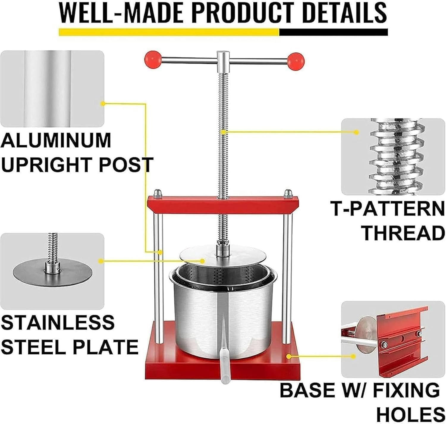 Fruit Wine Graduate, Grape Press, Press with Double Stainless Steel Barrels to Make Wine, Honey, Juice, Pepper Oil ~/