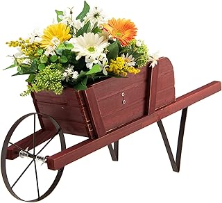 Wooden Wagon Planter, 27.5"x10.5"x11.5" Wheelbarrow Cart Plant Pot with Halloween Decoration & Mental Supports, Single Wheel Movable Garden Flower Cart Planter for Yard, Backyard (Red)