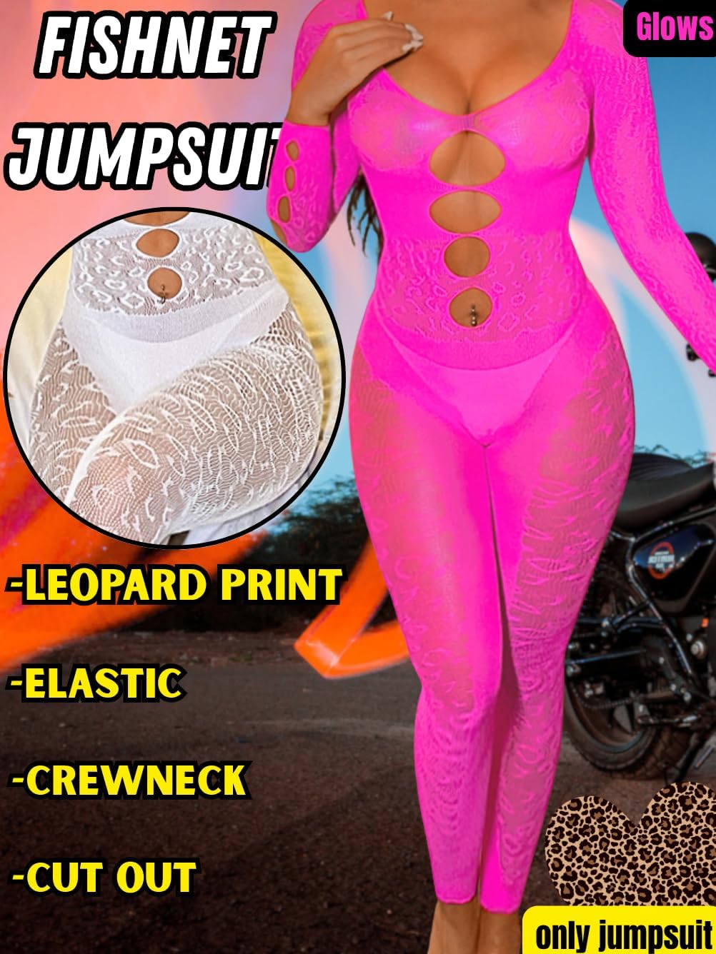 Women Sexy Full Leopard Fishnet Bodysuit, Poster Lace Jumpsuit Body Stockings, Club Rave Party Exotic Dancer Outfits - Image 2